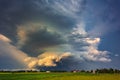 Supercell storm clouds with wall cloud and intense rain Royalty Free Stock Photo