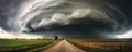 Supercell storm Thunder Tornado on road, wide banner or panorama photo