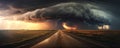 Supercell storm Thunder Tornado on road, wide banner or panorama photo Royalty Free Stock Photo