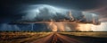 Supercell storm Thunder Tornado on road, wide banner or panorama photo