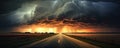 Supercell storm Thunder Tornado on road, wide banner or panorama photo Royalty Free Stock Photo