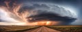 Supercell storm Thunder Tornado on road, wide banner or panorama photo