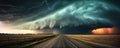 Supercell storm Thunder Tornado on road, wide banner or panorama photo