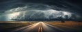 Supercell storm Thunder Tornado on road, wide banner or panorama photo