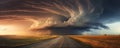 Supercell storm Thunder Tornado on road, wide banner or panorama photo