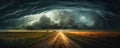 Supercell storm Thunder Tornado on road, wide banner or panorama photo