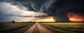 Supercell storm Thunder Tornado on road, wide banner or panorama photo