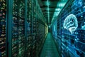 Artificial intelligence is learning and solving problems inside a supercomputer with glowing brain Royalty Free Stock Photo