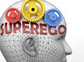Superego and human mind - pictured as word Superego inside a head to symbolize relation between Superego and the human psyche, 3d