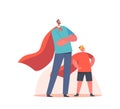 Superfamily, Parent and Child Relations Concept. Happy Family Dad and Son Characters in Superhero Costumes Posing Royalty Free Stock Photo