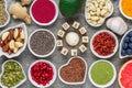 Superfood as acai, turmeric, matcha, seeds, berry, goji, ginger, grapefruit, mushrooms, pomegranate, nuts Royalty Free Stock Photo