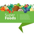 Superfood background with fruits, vegetables, berries, nuts and