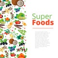 Superfood background with fruits, vegetables, berries, nuts and