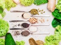 Superfood background, spoons with different nutritions. Healthy eating