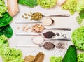 Superfood background, spoons with different nutritions,