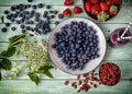 Superfood: blueberries, blueberry juice goji seeds Royalty Free Stock Photo