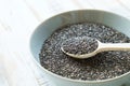 Superfood chia seeds in a wooden spoon in a bowl on the table close-up. Royalty Free Stock Photo