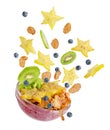 Superfood concept. Cereal corn flakes with yogurt and fresh fruits isolated Royalty Free Stock Photo