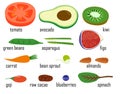 Superfood fruits and vegetables isolated set. Figs spinach goji raw cacao bean sprout vegetarian vegan food