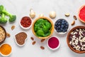 Superfoods as vegetables, acai, turmeric, fruits, berries, mushrooms, nuts and seeds. Healthy vegan food