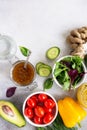 Superfoods and homemade salad dressing vinaigrette with mustard, honey, balsamic vinegar and olive oil on a stone or slate Royalty Free Stock Photo