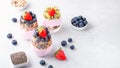 Superfoods layered pudding with granola, blueberry and strawberry in glasses. Yogurt with chia seeds, berries, kiwi and