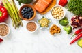 Superfoods on white background. Healthy nutrition top view Royalty Free Stock Photo