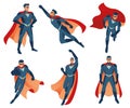 Superhero actions icon set in cartoon colored style different poses vector illustration.