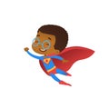 Superhero African Cute Kid Fly Costume Flat Vector. Happy Smile Little Brave Boy Wear Red Cape. Cool Strong Defender Royalty Free Stock Photo
