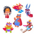 Superhero animal kids. Funny animals wearing superheroes costumes. Cosplay vector characters set