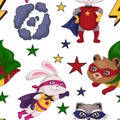 Superhero animal pattern. Cute baby mammals. Colorful costumes. Rabbit and bear in capes. Brave raccoon. Scandinavian