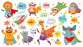 Superhero animals. Cute hero animals with capes and playful masks, brave funny animal comic speech bubbles, cartoon vector