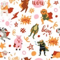 Superhero animals cute seamless pattern, funny brave super hero character in mask, cloak Royalty Free Stock Photo