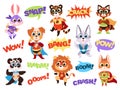 Superhero animals. Funny kids zoo heroes with capes and masks, comic whoops speech bubbles, lion and wolf, dog and tiger