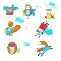 Superhero animals. Vector illustration isolated on white background. Cute little raccoon, rabbit, bear, owl, fox