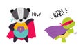 Superhero baby animals in capes and masks set. Cute little badger and turtle dressed as superheroes cartoon vector