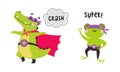 Superhero baby animals in capes and masks set. Cute little crocodile and frog dressed as superheroes cartoon vector Royalty Free Stock Photo