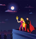 Superhero background. Comic city with woman and man superhero silhouettes, night couple from comicbook in costumes