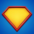 Superhero background. Superhero logo template. Red, yellow frame with divergent rays on blue backdrop. Vector illustration.