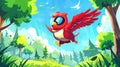 Superhero bird in red costume and mask flying through summer forest with green trees, grass, and canary character in Royalty Free Stock Photo