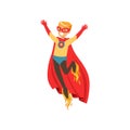 Superhero boy character dressed as a super hero flying with rocket shoes cartoon vector Illustration Royalty Free Stock Photo