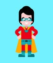 Superhero boy. Super kid in Cloak and mask. Superpowers guy. Cartoon style vector