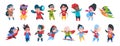 Superhero boys and girls characters. Cartoon kids in super hero costumes. Funny children standing in heroic poses. Young