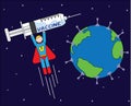 Superhero bringing the vaccine to planet earth
