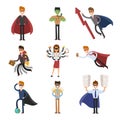 Superhero business man and woman in action vector
