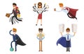 Superhero business man woman vector illustration set character success cartoon power concept businessman strong person