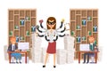 Superhero business people worker came to rescue, vector illustration. Woman with several hands, phone, calculator and
