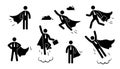 Superhero business pictogram man icon set. Superhero businessman flying stick figure. Victory worker, employer pictogram