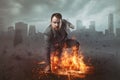 Superhero businessman concept with fire and city background Royalty Free Stock Photo