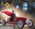 Superhero businessman driving vintage roadster Royalty Free Stock Photo